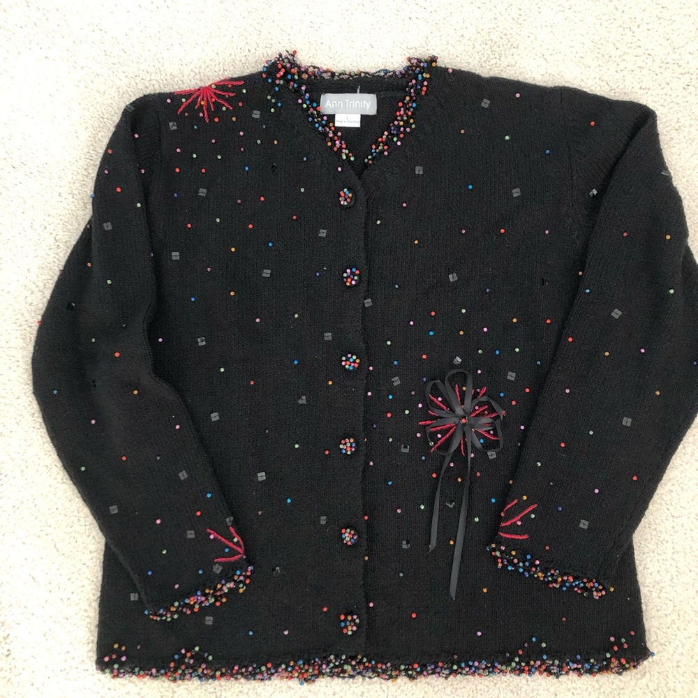 VINTAGE 90’s Ann Trinity Black Cardigan with Colorful Beads